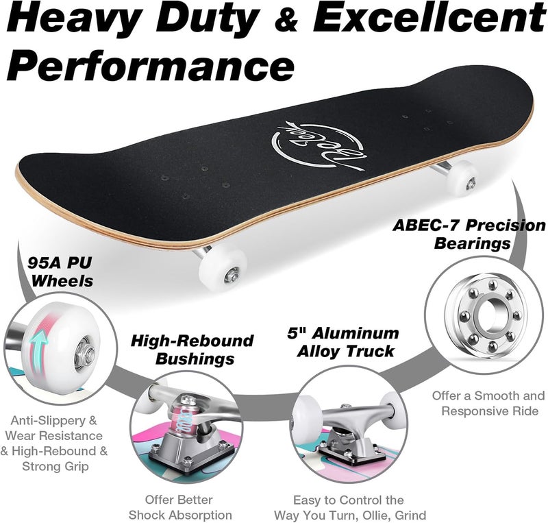BELEEV Skateboards for Beginners, 31 x 8 inch Complete Skateboard for Kids Teens Adults, 7 Layer Canadian Maple Double Kick Deck Concave Cruiser Trick Skateboard with Multifunction Skate T-Tool - Image 4